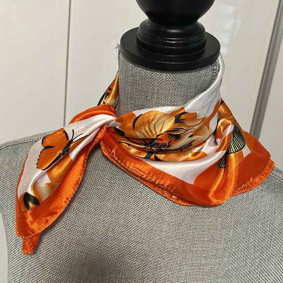 NWOT Silky Square Butterfly Scarf Orange Black - Picture 3 of 5